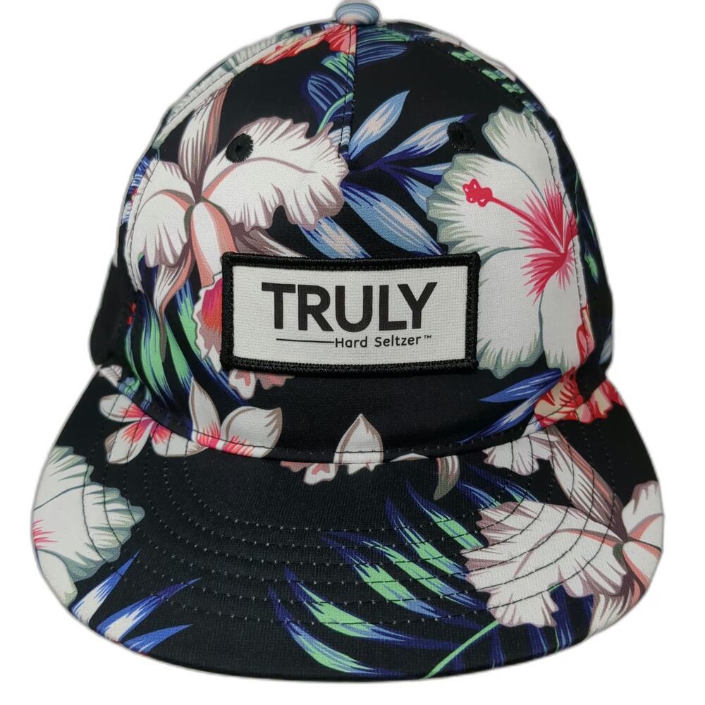Truly 5 Panel Black Floral Tropical Print One Size Snapback Flat Brim Hat